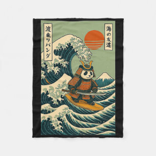 Panda Samurai Surfing Japanese Wave Fleece Blanket