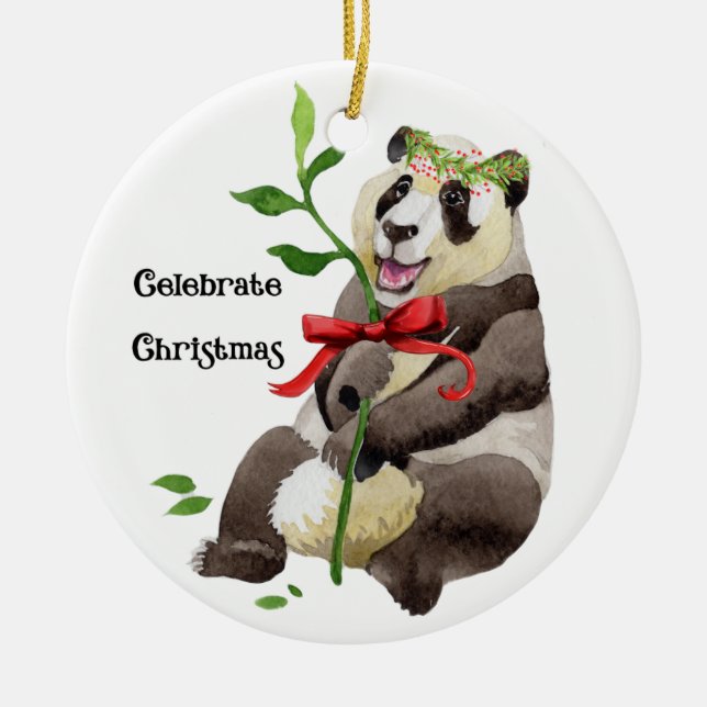 Panda Sitting with a Wreath on his Head & Bow Cera Ceramic Ornament (Front)