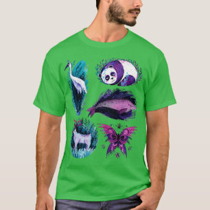 Panda Stork Whale Deer Butterfly hand drawn T-Shirt