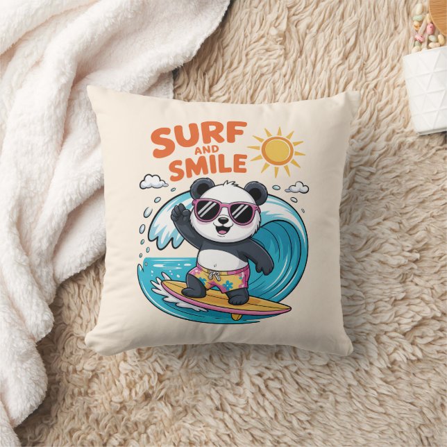 Panda Surf Smile Child Summer Throw Pillow (Blanket)