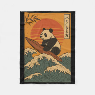 Panda Surfing Japanese _1 Fleece Blanket