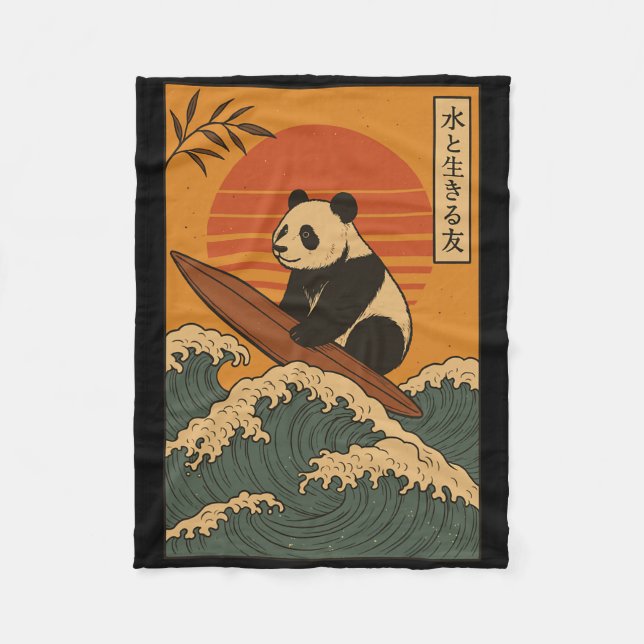 Panda Surfing Japanese _1  Fleece Blanket (Front)