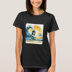 Panda Surfing On A Sea Wave At Sunset. Surfboard F T-Shirt