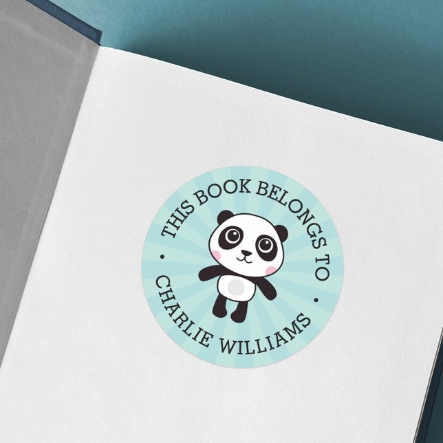 Panda this book belongs to kids school name blue classic round sticker (Creator Uploaded)