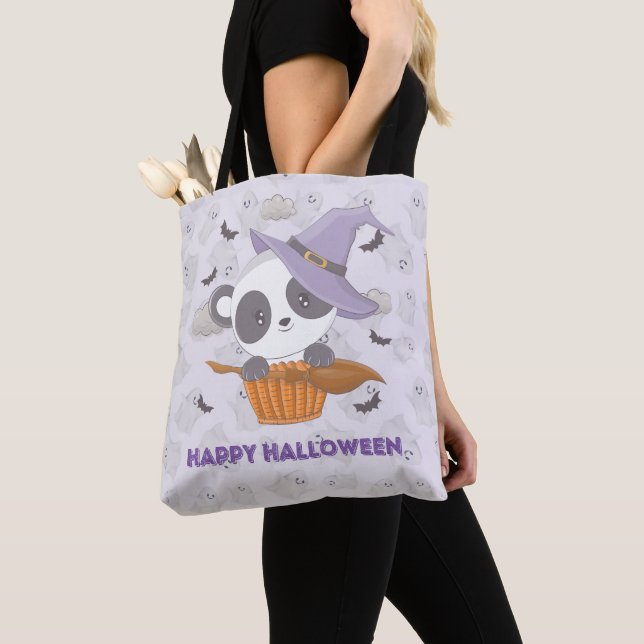 Panda Witch Purple Witches Hat Ghosts Halloween Tote Bag (Close Up)