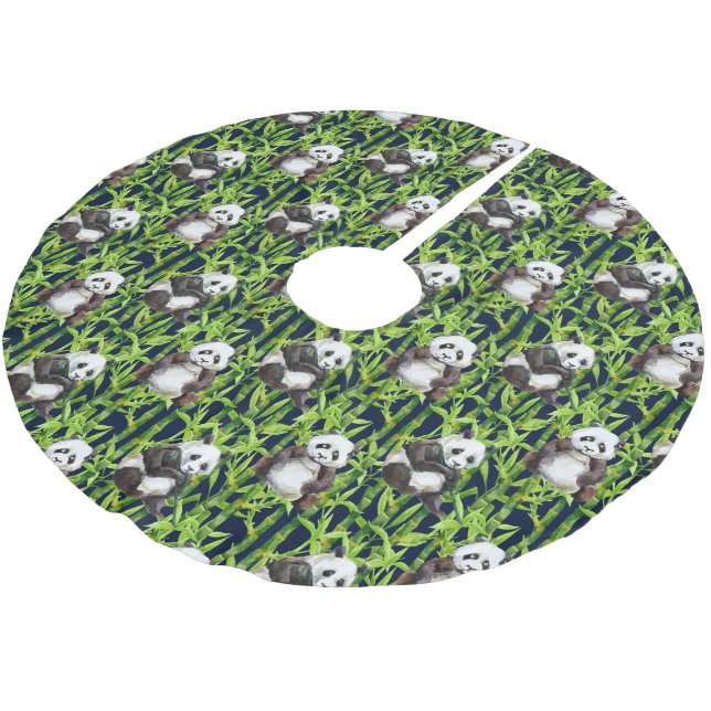 Panda With Bamboo Watercolor Pattern Brushed Polyester Tree Skirt (Angled)