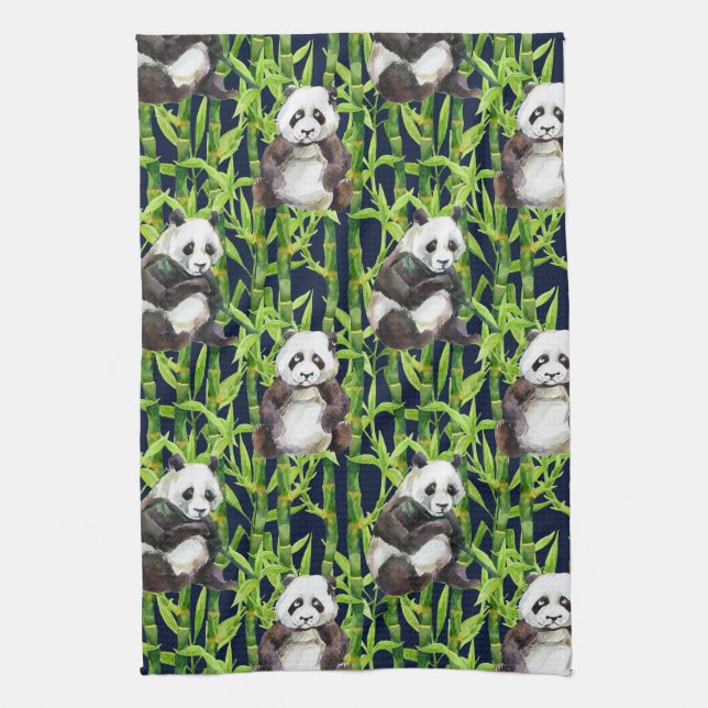 Panda With Bamboo Watercolor Pattern Kitchen Towel (Vertical)