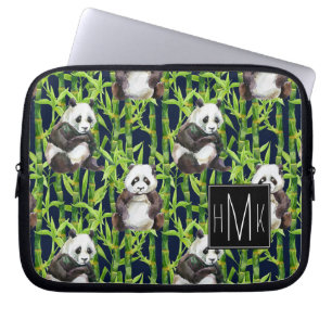 Panda With Bamboo Watercolor Pattern   Monogram Laptop Sleeve