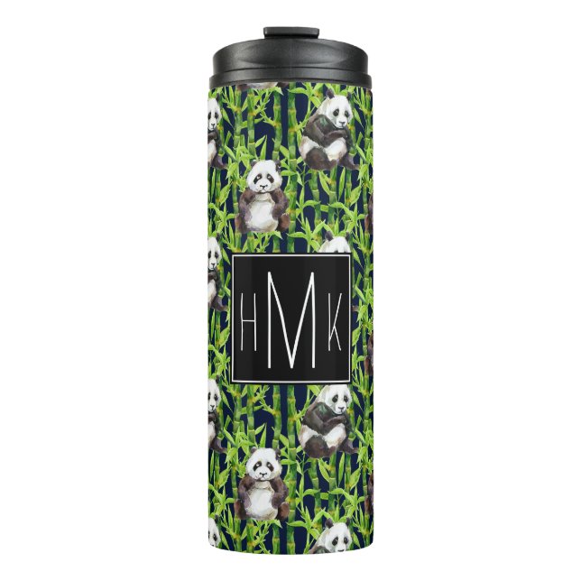 Panda With Bamboo Watercolor Pattern | Monogram Thermal Tumbler (Front)