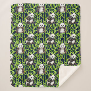 Panda With Bamboo Watercolor Pattern Sherpa Blanket