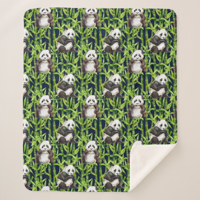 Panda With Bamboo Watercolor Pattern Sherpa Blanket (Front)
