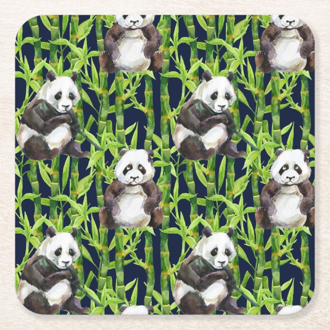 Panda With Bamboo Watercolor Pattern Square Paper Coaster (Front)