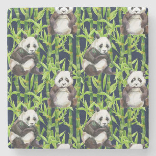 Panda With Bamboo Watercolor Pattern Stone Coaster
