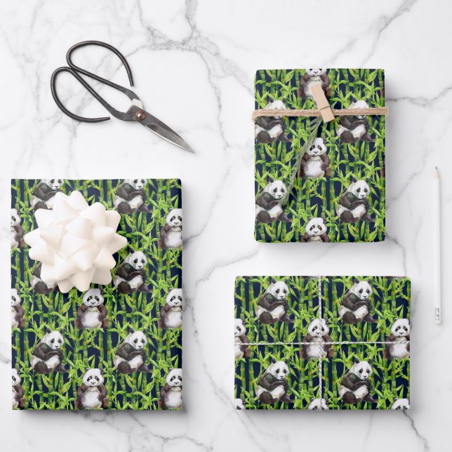 Panda With Bamboo Watercolor Pattern Wrapping Paper Sheet (Front)