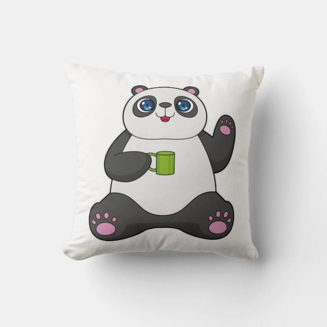 Panda with Coffee mug Throw Pillow (Front)