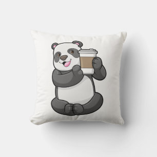 Panda with Coffee to go Throw Pillow