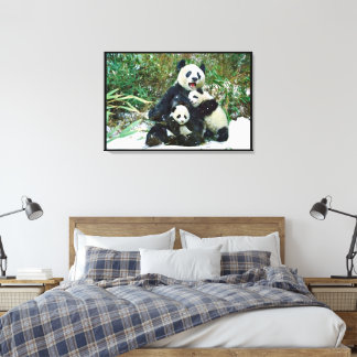 Panda with cubs Wrapped Canvas Print
