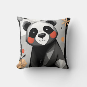 Panda With Geometric Style and Playful Floral Throw Pillow