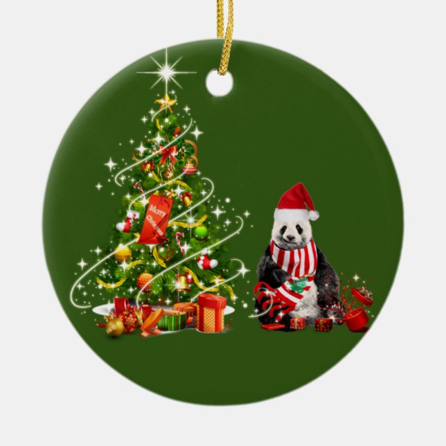 Panda With Hat Scafts  Christmas Ceramic Ornament (Front)
