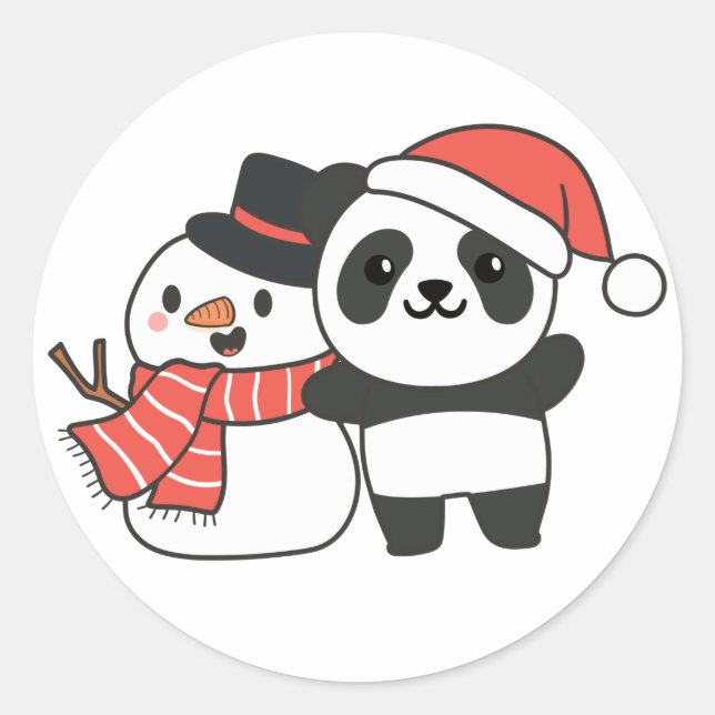 Panda With Snowman In Winter For Christmas Classic Classic Round Sticker (Front)