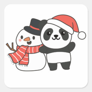 Panda With Snowman In Winter For Christmas Square  Sticker