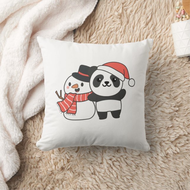 Panda With Snowman In Winter For Christmas Throw Pillow (Blanket)