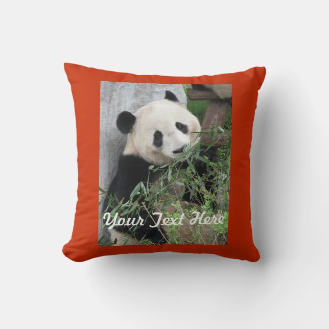 Panda, Your Text, Solid Orange Back Square Throw Pillow (Front)