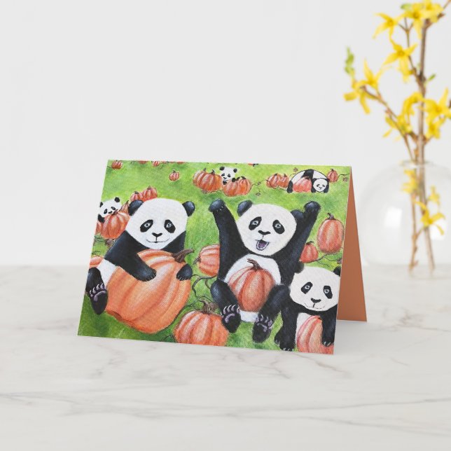 Pandas and Pumpkins Fall Greeting Card (Yellow Flower)