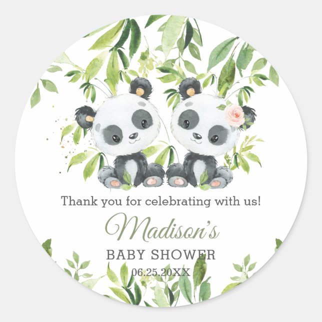 Pandas Bamboo Greenery Twin Boy Girl Baby Shower Classic Round Sticker (Front)