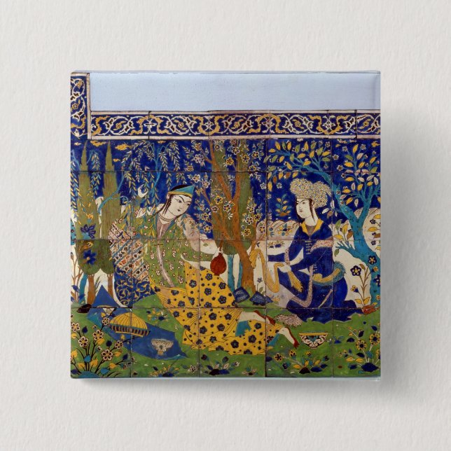 Panel of glazed earthenware tile-work, Isfahan 2 Inch Square Button (Front)