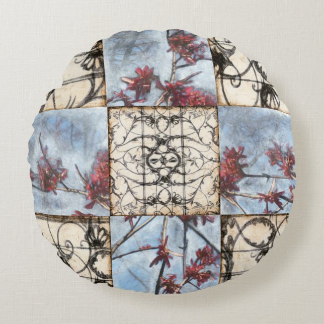 Panelled Abstract Scrollwork Painting Round Pillow (Front)