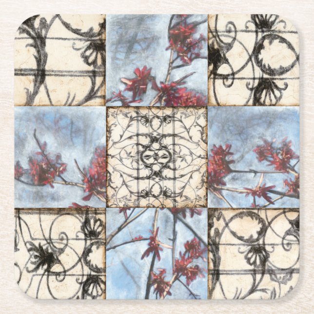Panelled Abstract Scrollwork Painting Square Paper Coaster (Front)