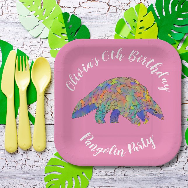 Pangolin 6th Birthday Party Pink Paper Plate (Cute pangolin 6th birthday party personalized name pink paper plate)