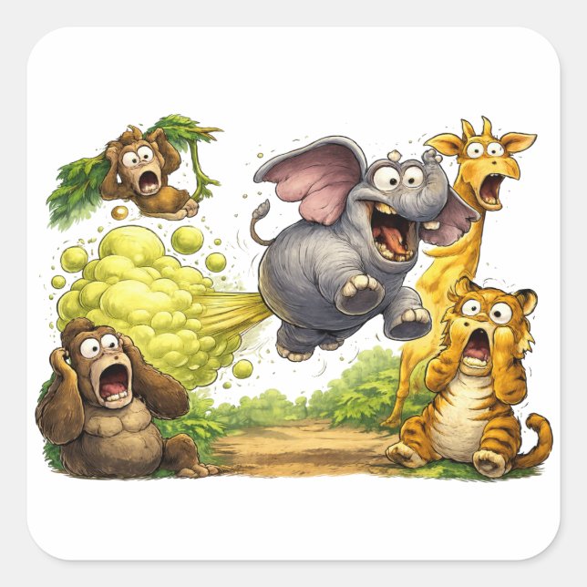Panic in the Jungle Farting Elephant Cartoon Square Sticker (Front)