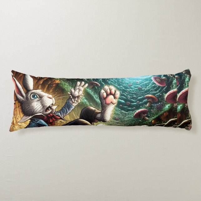 Panicked Bunny Falling Down The Rabbit Hole Body Pillow (Front)