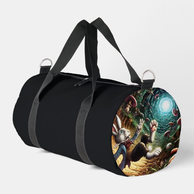 Panicked Bunny Falling Down The Rabbit Hole Duffle Bag (Left Corner)