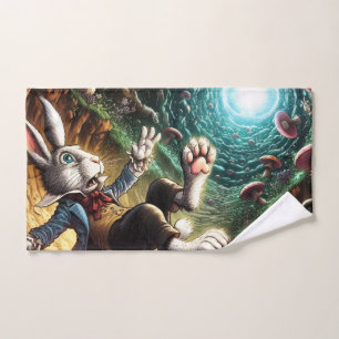 Panicked Bunny Falling Down The Rabbit Hole Hand Towel