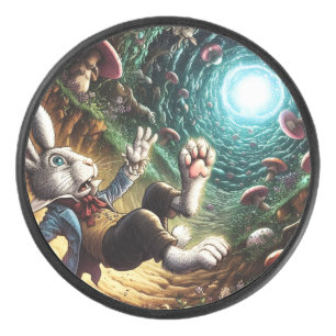 Panicked Bunny Falling Down The Rabbit Hole Hockey Puck