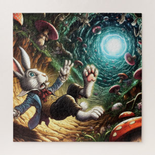 Panicked Bunny Falling Down The Rabbit Hole Jigsaw Puzzle
