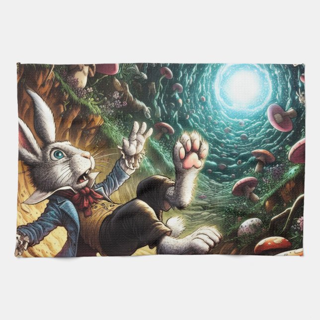 Panicked Bunny Falling Down The Rabbit Hole Kitchen Towel (Horizontal)
