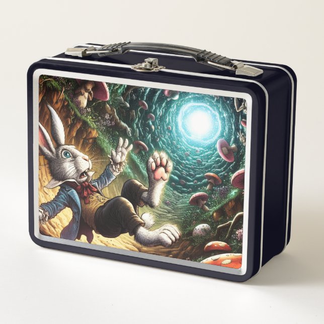 Panicked Bunny Falling Down The Rabbit Hole Metal Lunch Box (Front)