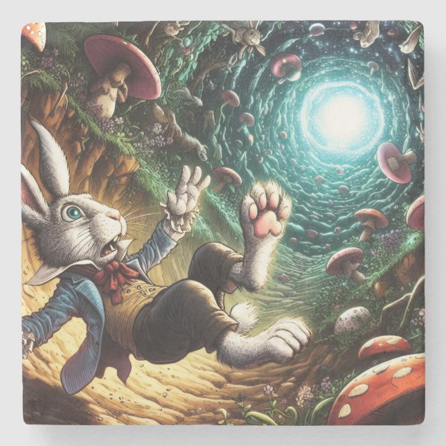 Panicked Bunny Falling Down The Rabbit Hole Stone Coaster (Front)