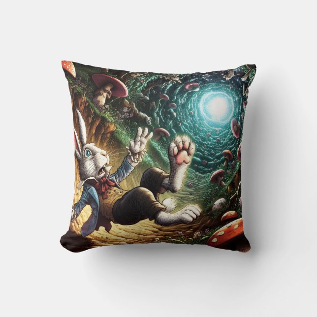 Panicked Bunny Falling Down The Rabbit Hole Throw Pillow (Front)