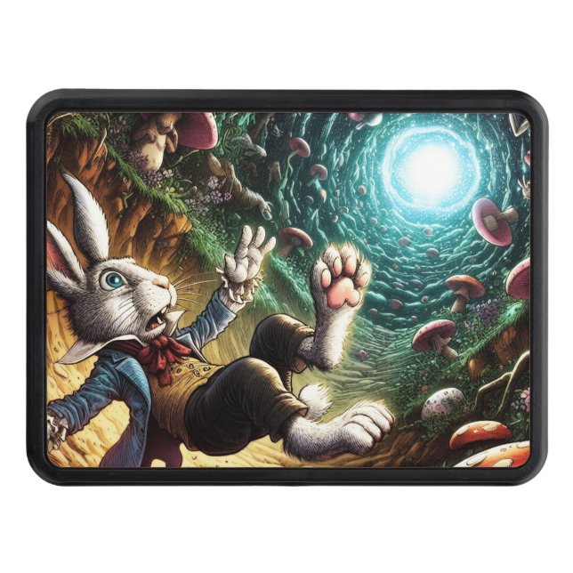Panicked Bunny Falling Down The Rabbit Hole Trailer Hitch Cover (Front)