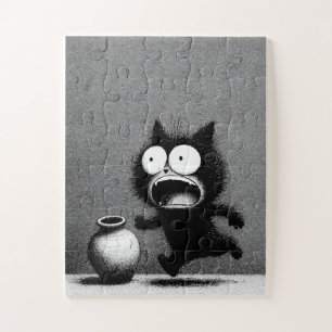 Panicked Cat & Vase – Monochrome Cartoon Puzzle