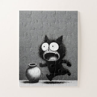 Panicked Cat & Vase – Monochrome Cartoon Puzzle