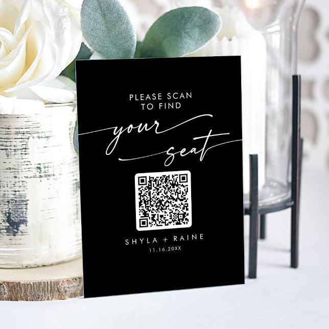 Panneau Boho QR noir Mariage acrylique Sièges (Boho QR Black Acrylic Wedding Seating Chart Sign)