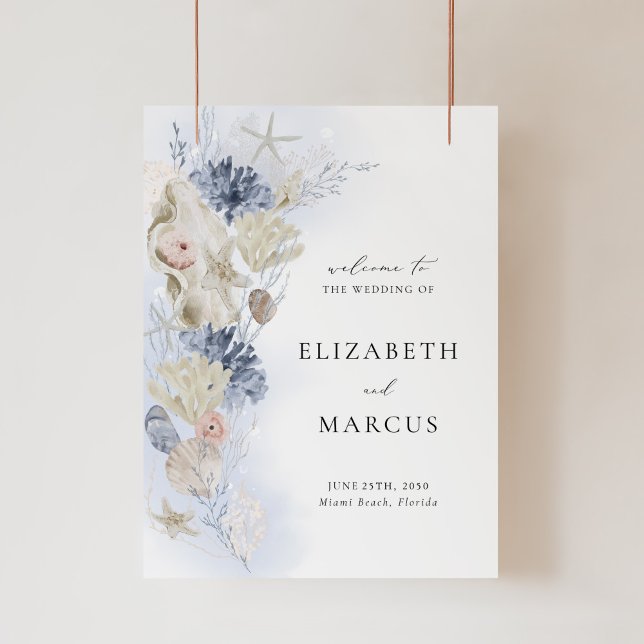 Panneau de bienvenue de mariage en acrylique de pl (Coastal acrylic wedding welcome sign with seashell, starfish, coral artwork for beach weddings)