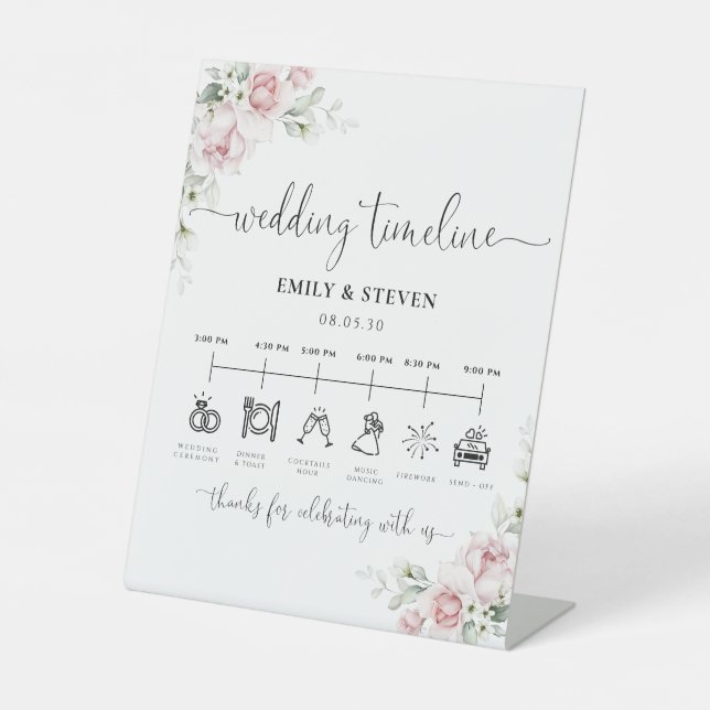 Panneau de Chronologie de Mariage Floral Rose Tend (Recto)