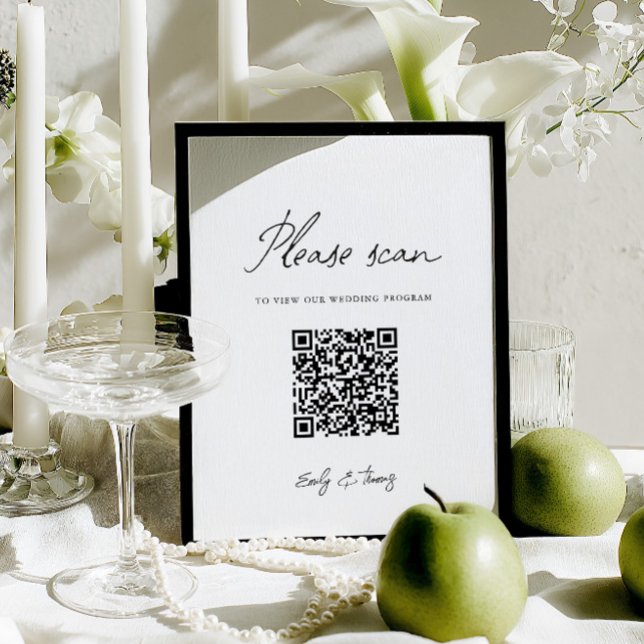 Panneau de code QR pour programme de mariage minim (Modern Minimalist Wedding Program QR Code Sign)